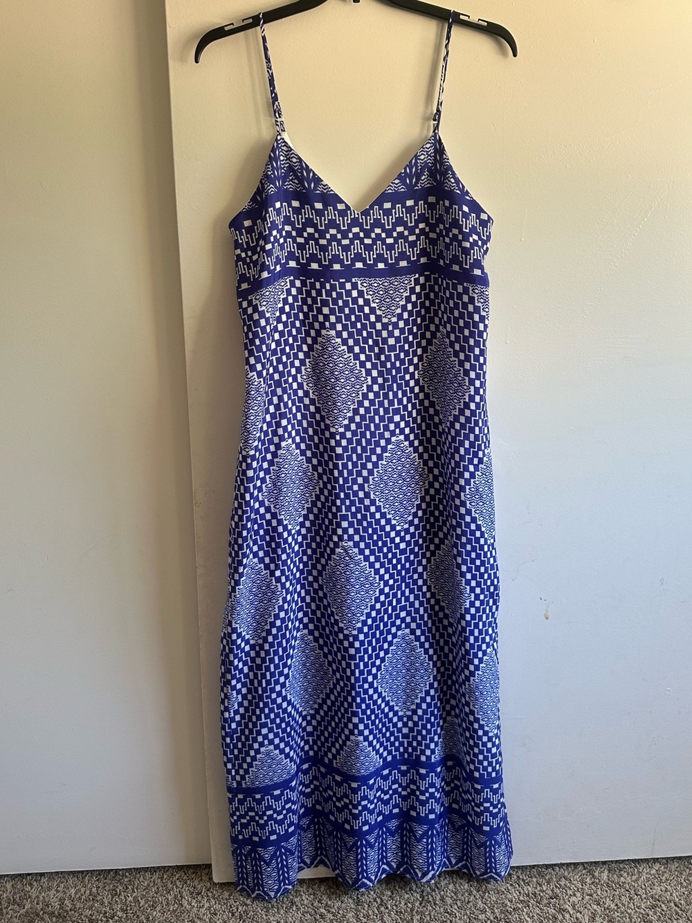 Everly Blue & White Geometric Spaghetti-Strap Maxi Dress